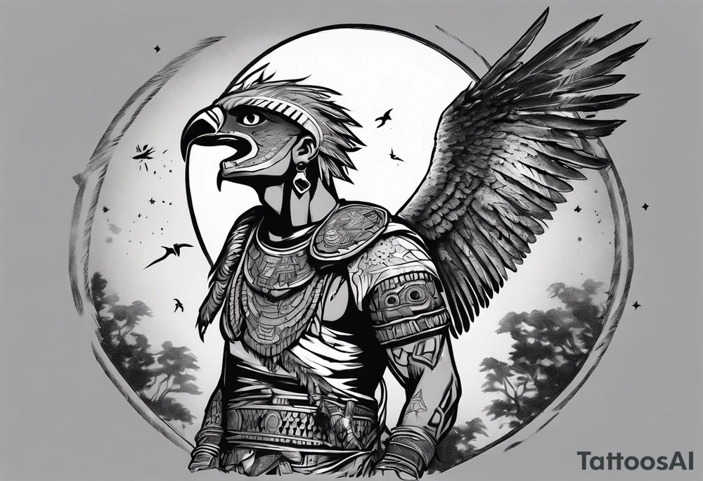 Aztec warrior gazing at the night sky in the moonlight as a harpy eagle flys by dark aesthetic tattoo idea