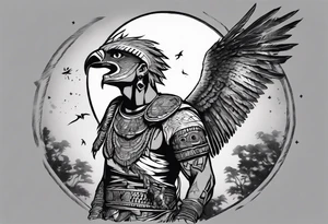 Aztec warrior gazing at the night sky in the moonlight as a harpy eagle flys by dark aesthetic tattoo idea