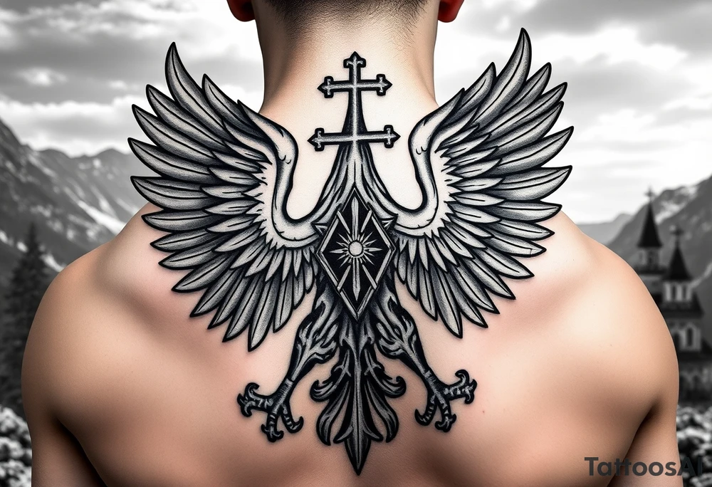 i am looking at getting a russian / serbian style double headed eagle like the coat of arms spread out on my back neck across my shoulders / traps in a orthodox christian church style setting with a sun beaming and in a mountainous setting, such as a Sovereign of the Mountain and an orthodox church in the background with the russian orthodox cross spire of the orthodox church being visible on my neck with a sun beaming in the background that the cross sits inside tattoo idea
