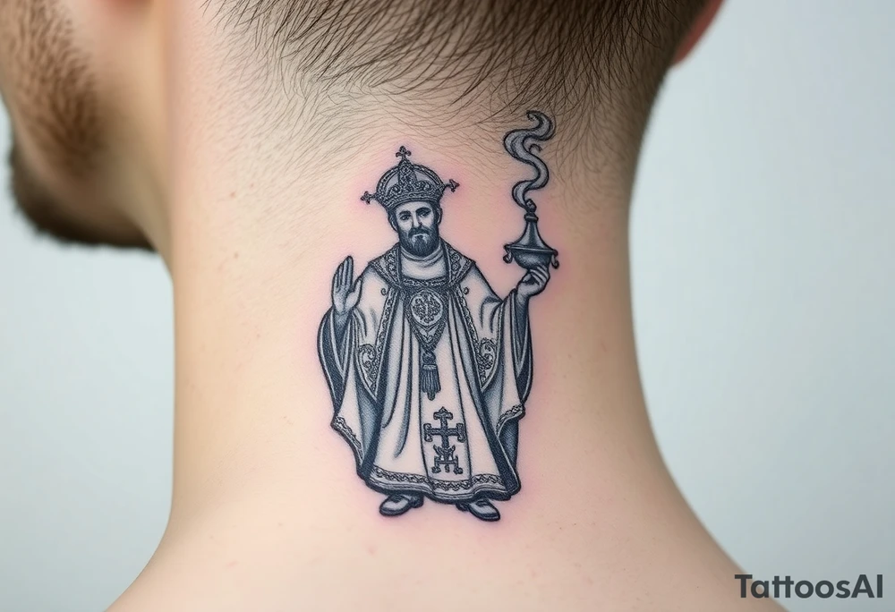 Russian Orthodox Priest in a fully detailed gold vestment swinging a censer with smoke curling upward tattoo idea
