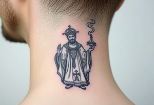 Russian Orthodox Priest in a fully detailed gold vestment swinging a censer with smoke curling upward tattoo idea
