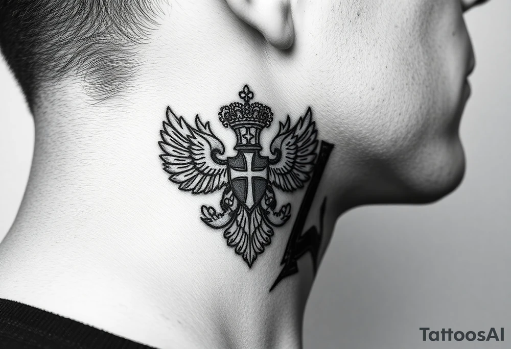 russian coat arms in a russian christian orthodox cross with the cross in the middle with a virgin mary & orthodox dome church on the side of the neck in a wilderness setting tattoo idea