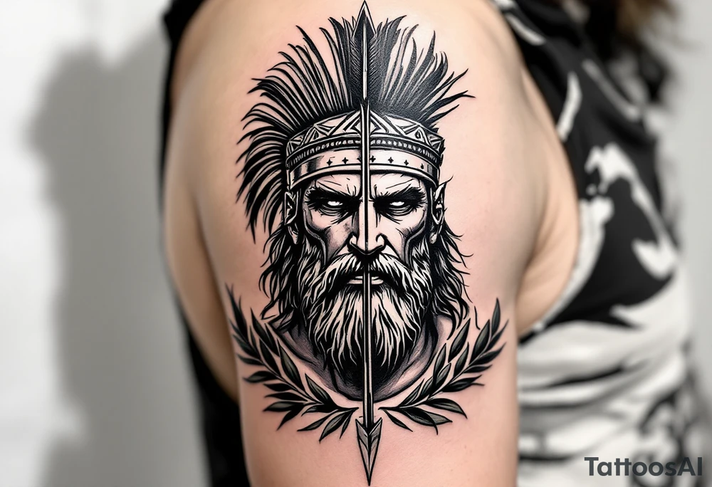 greek warrior that from his face come down a long arrow and surrounded by a olive tree leaf around tattoo idea