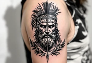 greek warrior that from his face come down a long arrow and surrounded by a olive tree leaf around tattoo idea