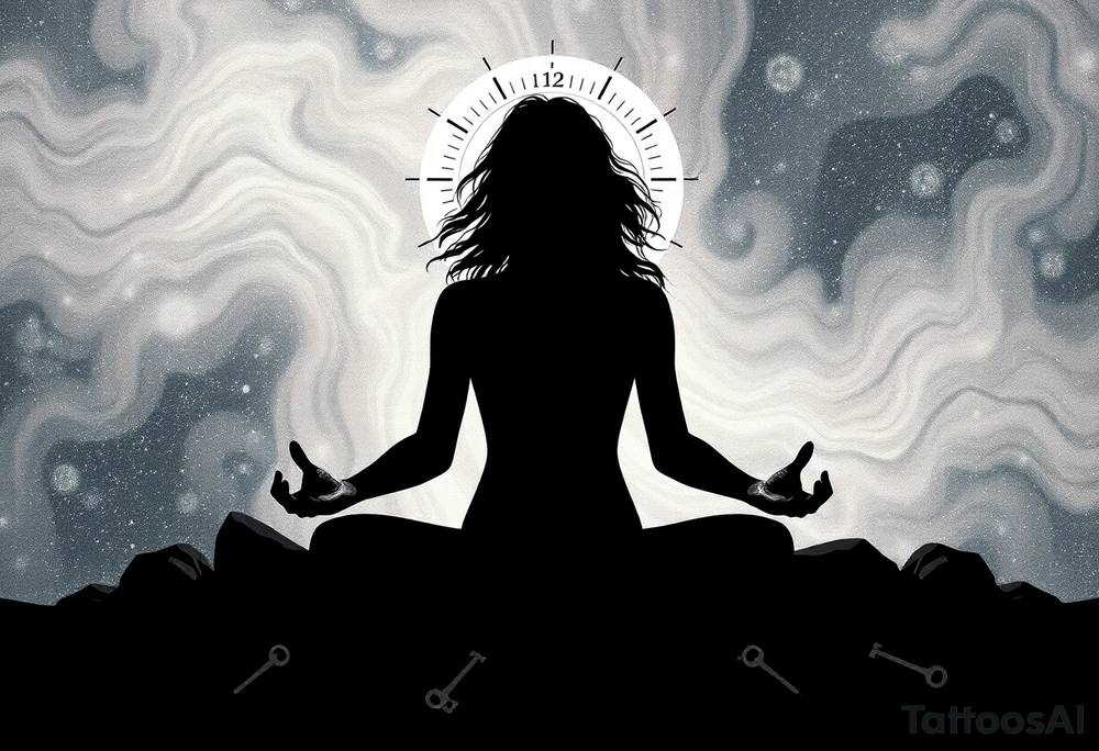 a figure - just a shadow /outline sitting in cross cross position meditating based on the lyrics “doing time in the universal mind” by the doors - with a psychedelic trippy background that correlates to TIME as the meditation expands out from his head into the universe / cosmos . the phrase TURNING KEYS and setting people free needs to be worked in there… flying keys? tattoo idea