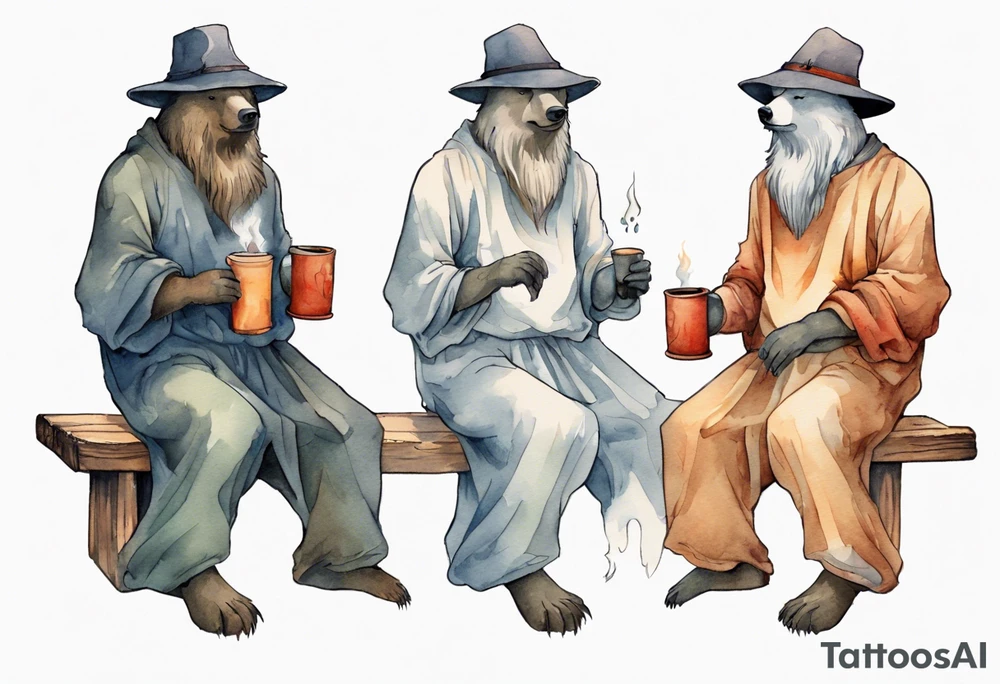 a medieval bear-human hybrid with a long grey beard wearing a tunic and a floppy hat sitting on a bench by a fire drinking from a wood cup tattoo idea