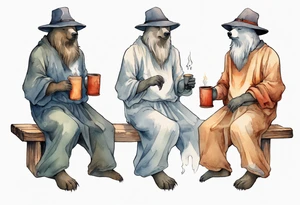 a medieval bear-human hybrid with a long grey beard wearing a tunic and a floppy hat sitting on a bench by a fire drinking from a wood cup tattoo idea