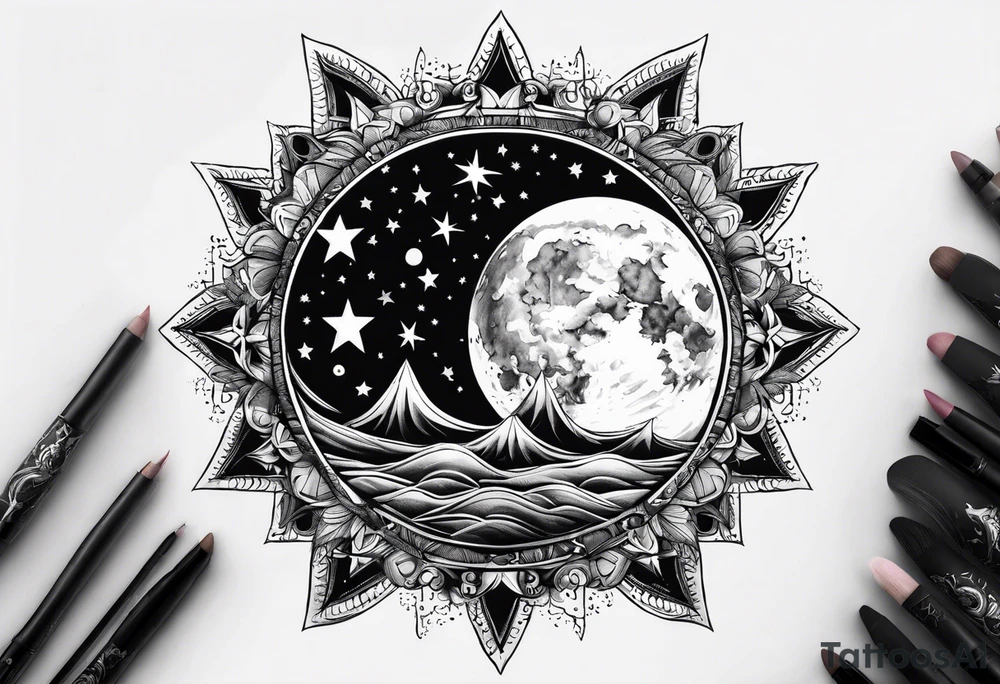 mezcla de sol luna y mar con estrellas brillantes tattoo idea