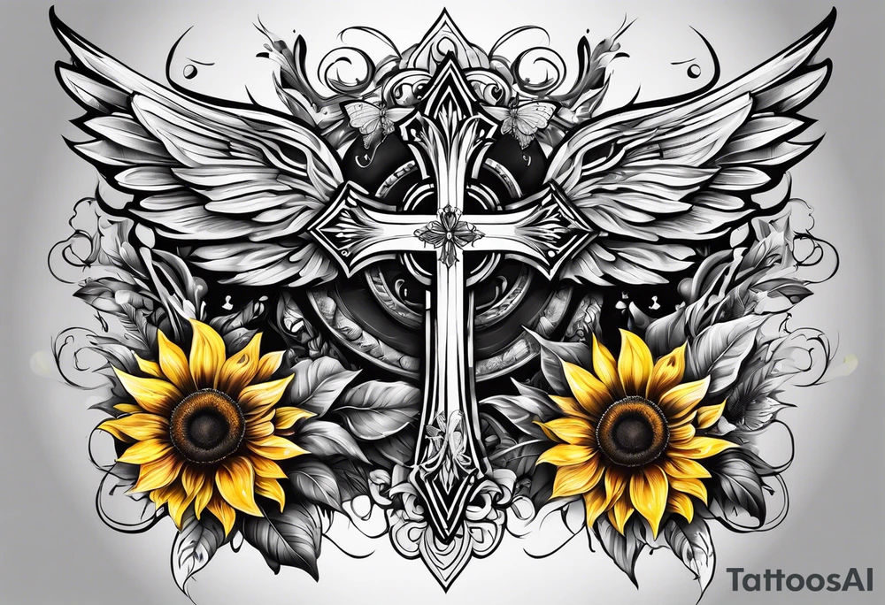 Winged cross with sunflower and butterflies tattoo idea