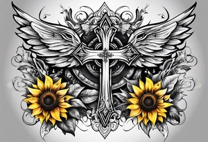 Winged cross with sunflower and butterflies tattoo idea