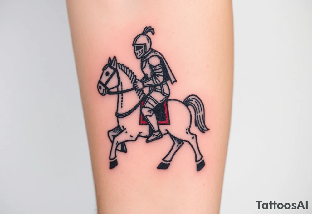 2d medieval woodcut knight on a childs hobby horse toy tattoo idea