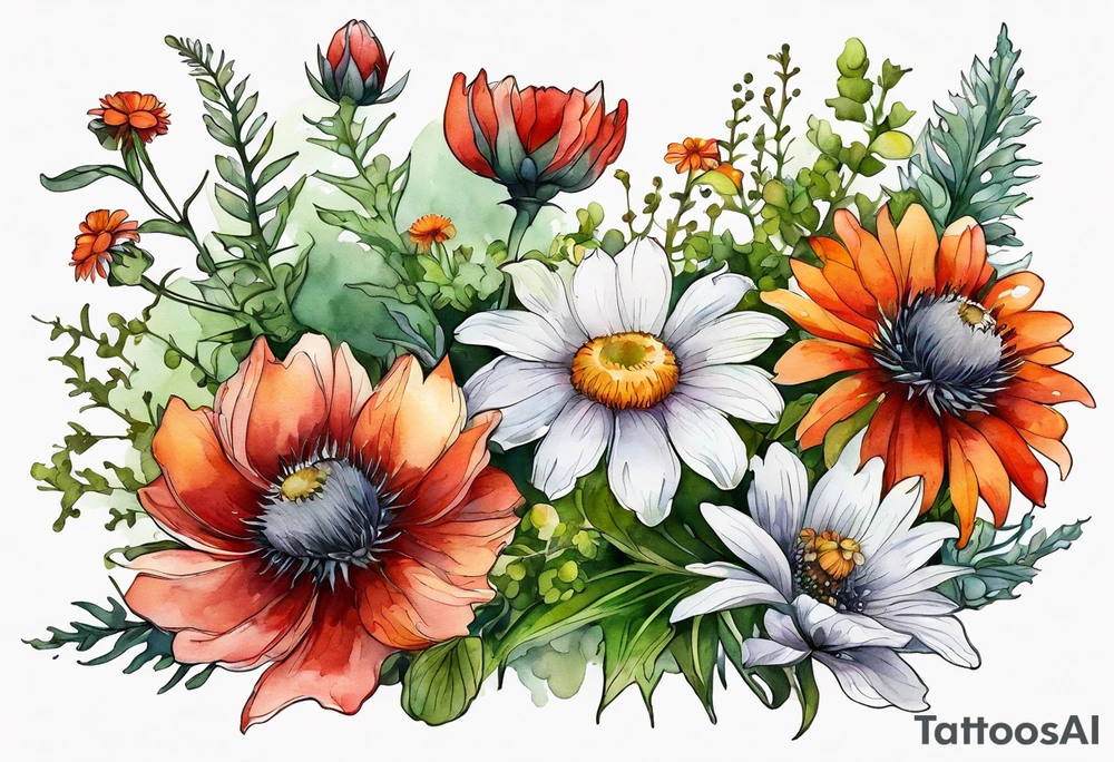 simple wildflowers cascading with thistles, ferns, white anemones, sun flowers, red flowers, green flowers, buttercups, orange flowers, babys breath and daisies all in watercolor tattoo idea