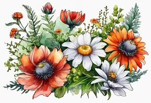 simple wildflowers cascading with thistles, ferns, white anemones, sun flowers, red flowers, green flowers, buttercups, orange flowers, babys breath and daisies all in watercolor tattoo idea