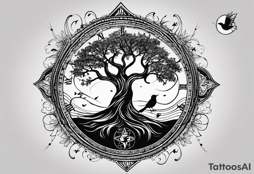 Create me a tattoo only in black with thin lines with a tree of life in the middle, a compass above with GPS coordinates, three little birds from the music "three little birds" by Bob Marley. tattoo idea