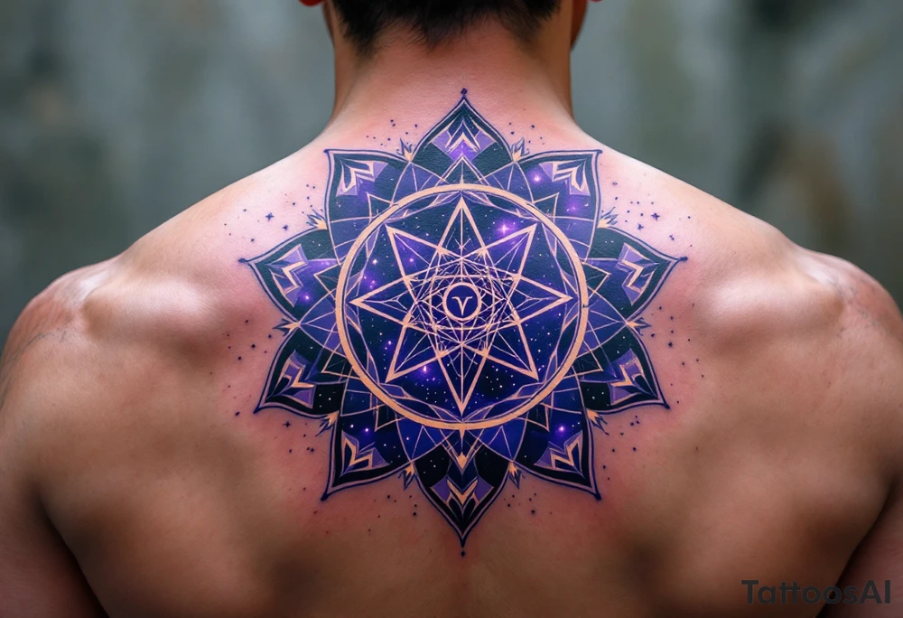 A  cosmic mandala in deep purple encircles the Libra constellation with the zodiac glyph at its heart. tattoo idea