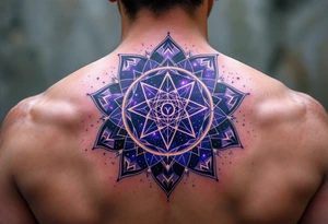 A  cosmic mandala in deep purple encircles the Libra constellation with the zodiac glyph at its heart. tattoo idea