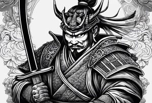 samurai with a hannya mask that covers half of his face who is in a slightly tilted posture holding a katana in an attack position tattoo idea