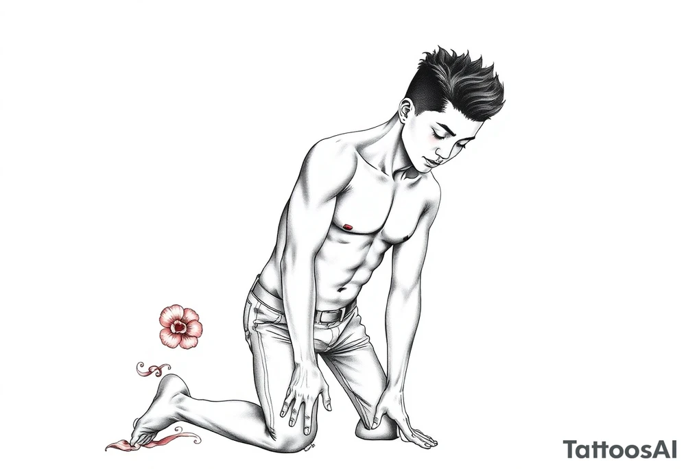 Handsome Asian young guy is standing on his knees and looking down tattoo idea