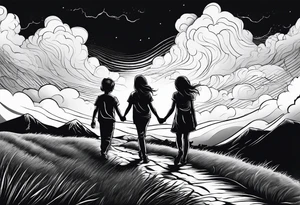 big brother with two sisters holding hands walking up hill through storm, line drawing tattoo idea