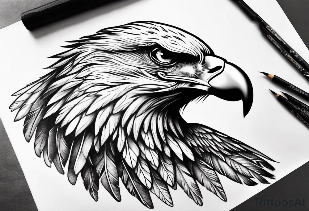 Eagle wings across upper back and shoulders with detailed feathers tattoo idea