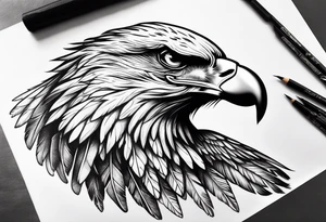 Eagle wings across upper back and shoulders with detailed feathers tattoo idea