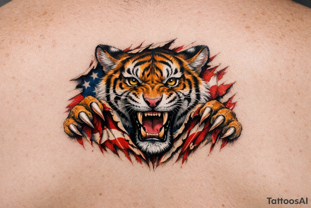 Tiger ripping throught the chest with the American Flag in the background. Almost like the Amercian Flag is the blood of the body. Make it bigger and add color. The tiger should be more front. So the ears are out from the body. Bigger. This is on the chest. Not the back. tattoo idea