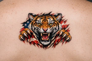 Tiger ripping throught the chest with the American Flag in the background.  Almost like the Amercian Flag is the blood of the body.  Make it bigger and add color.  The tiger should be more front.  So the ears are out from the body.  Bigger.  This is on the chest.  Not the back. tattoo idea