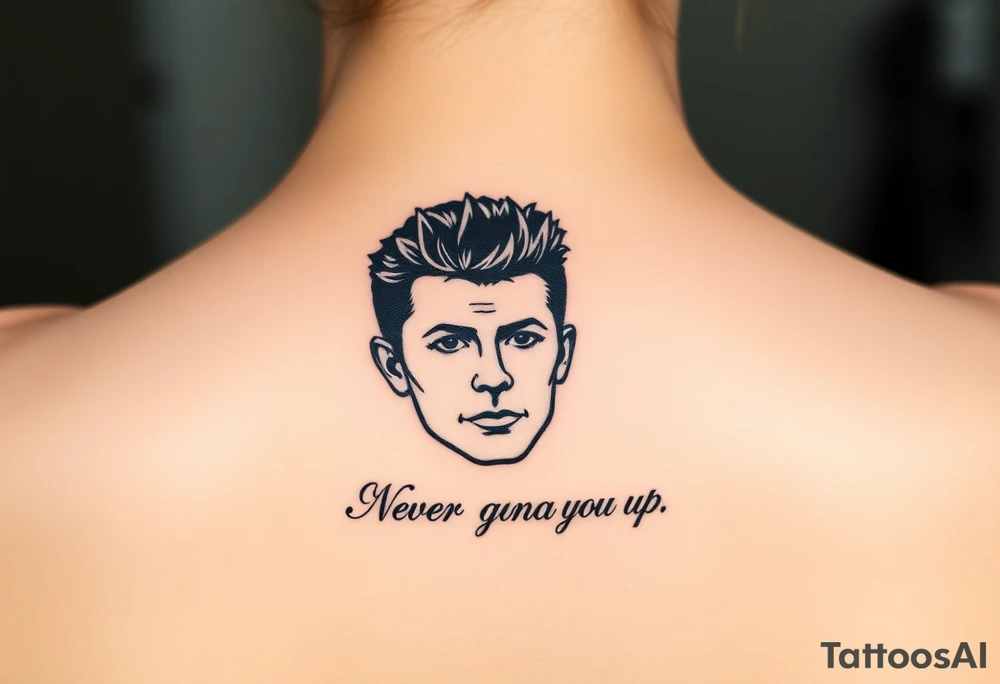 Rick Astley's Face outline with text "Never Gonna Give You Up" tattoo idea