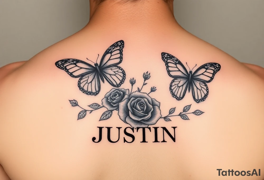Butterflies with roses and 🐾 paw prints and the name JUSTIN tattoo idea