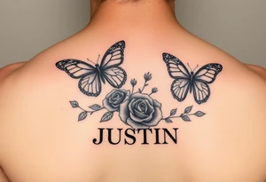 Butterflies with roses and 🐾 paw prints and the name JUSTIN tattoo idea
