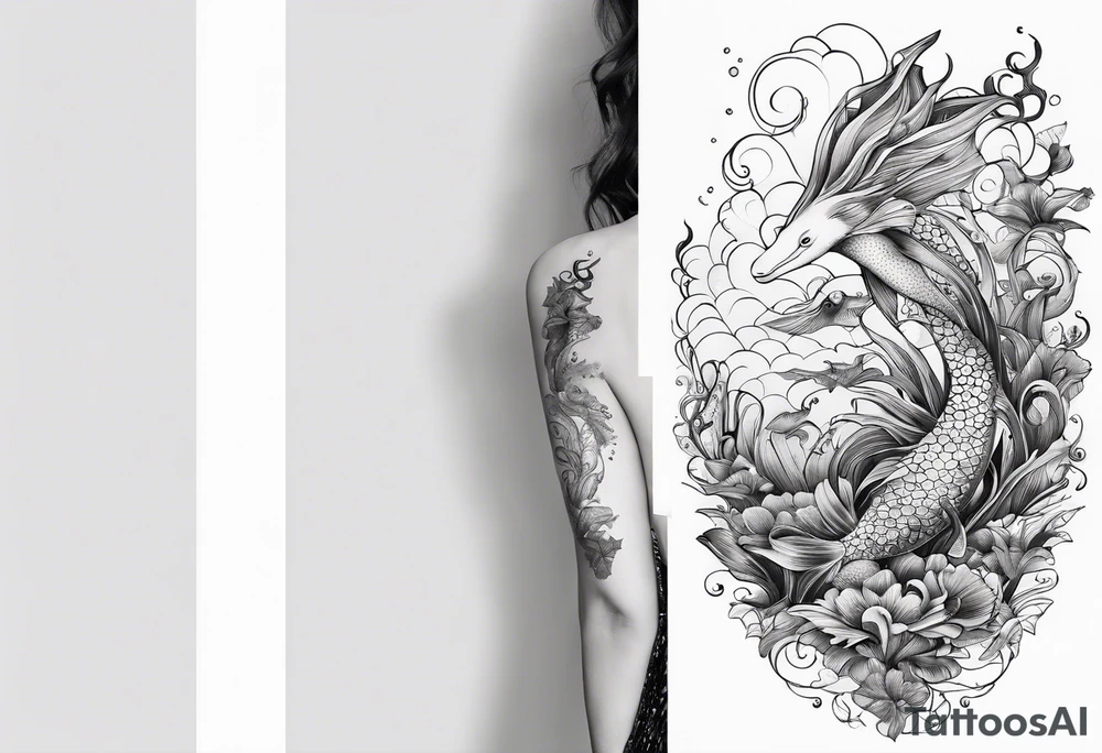 Underwater Sea creatures feminine cascading upwards tattoo idea Underwater Sea creatures feminine cascading upwards tattoo idea