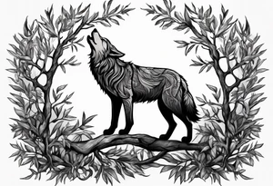 realistic howling wolf drawn with olive tree branches and leaves tattoo idea