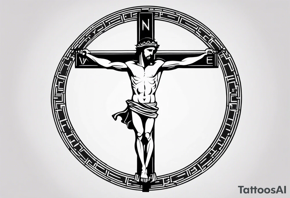 Crucified man inside a circle of Roman numerals with roman numerals on it tattoo idea