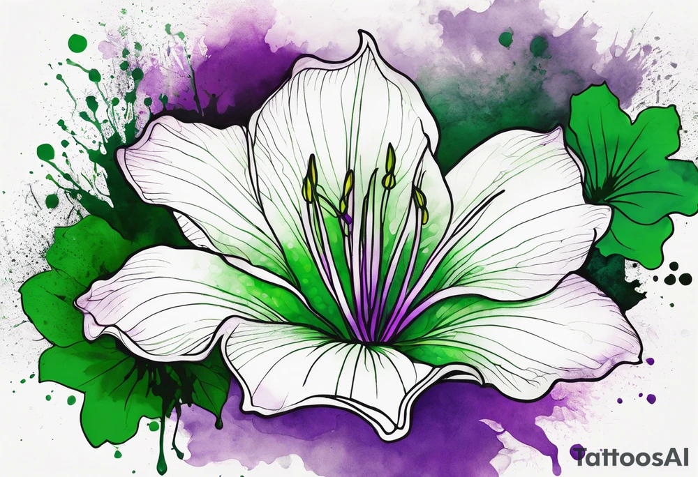 A mystical outline of a green and purple rio dipladenia flower and a green and purple watercolor splash in the background tattoo idea