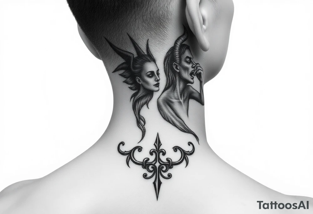 position behind the neck Angel (on the right) whispering in the right ear, demon (on the left) whispering in the left ear. It must be as realistic as possible. tattoo idea