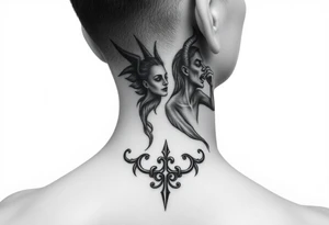 position behind the neck Angel (on the right) whispering in the right ear, demon (on the left) whispering in the left ear. It must be as realistic as possible. tattoo idea