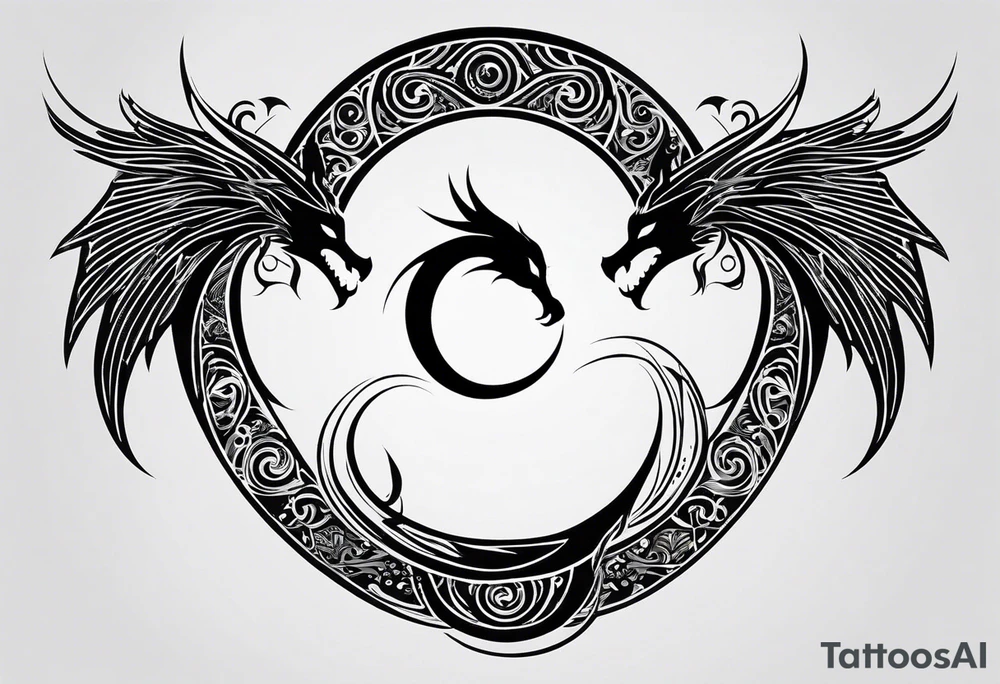 For a Gen Z-inspired dragon and phoenix tattoo, think of a clean, minimalist design that combines symbolism with bold, sleek lines. Imagine a dragon and phoenix spiraling together in a yin-yang-inspired layout. The dragon has a slightly abstract, modern shape, with sharp, flowing lines to show power, resilience, and wisdom, while the phoenix is rendered with sweeping curves and minimal detailing, symbolizing rebirth, growth, and transformation.

Both creatures should interact harmoniously, representing balance and duality. To keep it meaningful, focus on line work rather than intricate shading—clear, open spaces allow the tattoo to feel light and energetic. Adding small symbols, like stars or a faint galaxy backdrop, can enhance the "rising from ashes" and "strength through challenge" themes. This design will appeal timelessly while resonating with Gen Z’s love for symbolism and simplicity. tattoo idea