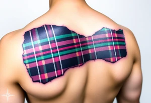 shoulder Dark Purple with green pink blue and white highlights tartan fabric 
with skin ripping away at edges tattoo idea