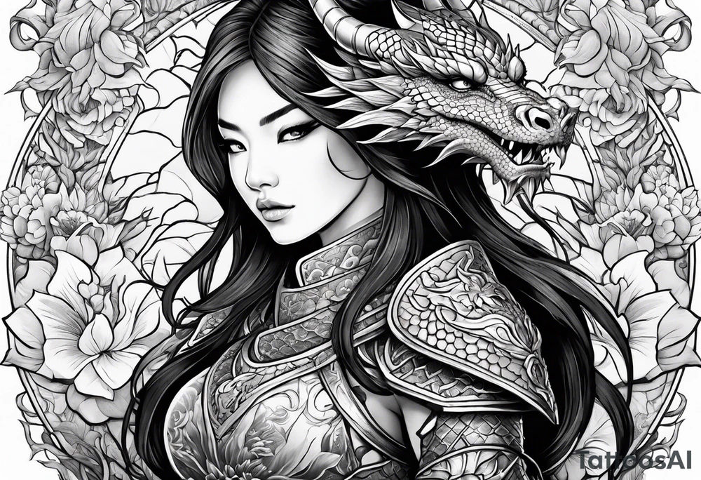 beautiful warrior woman wearing dragon armor and a floral background and a dragon a full picture tattoo idea