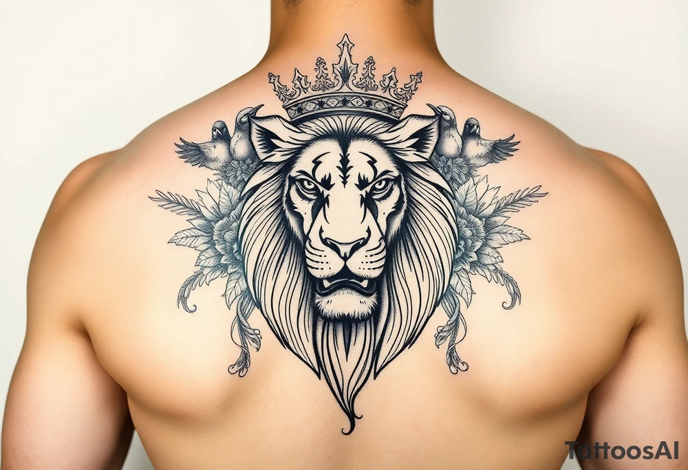 powerful majestic lion with a crown, surrounded by floral ornaments and birds tattoo idea