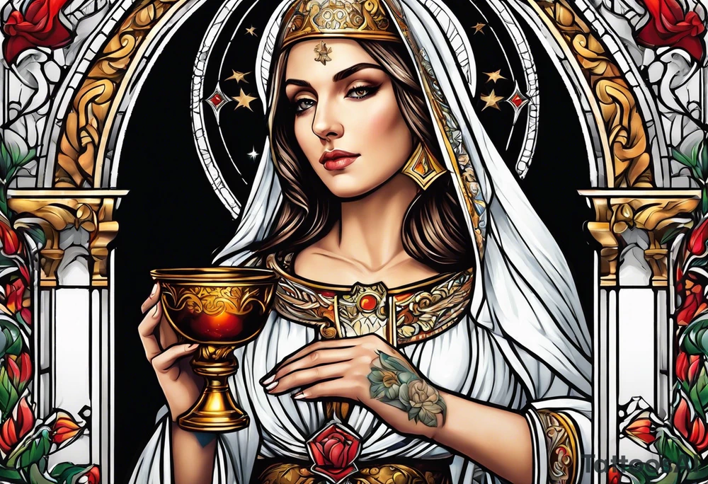 Female saint holding a chalice tattoo idea