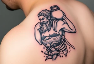 A large humanized god carrying a jar on his shoulder, the jar flows from water to create a marine environment tattoo idea