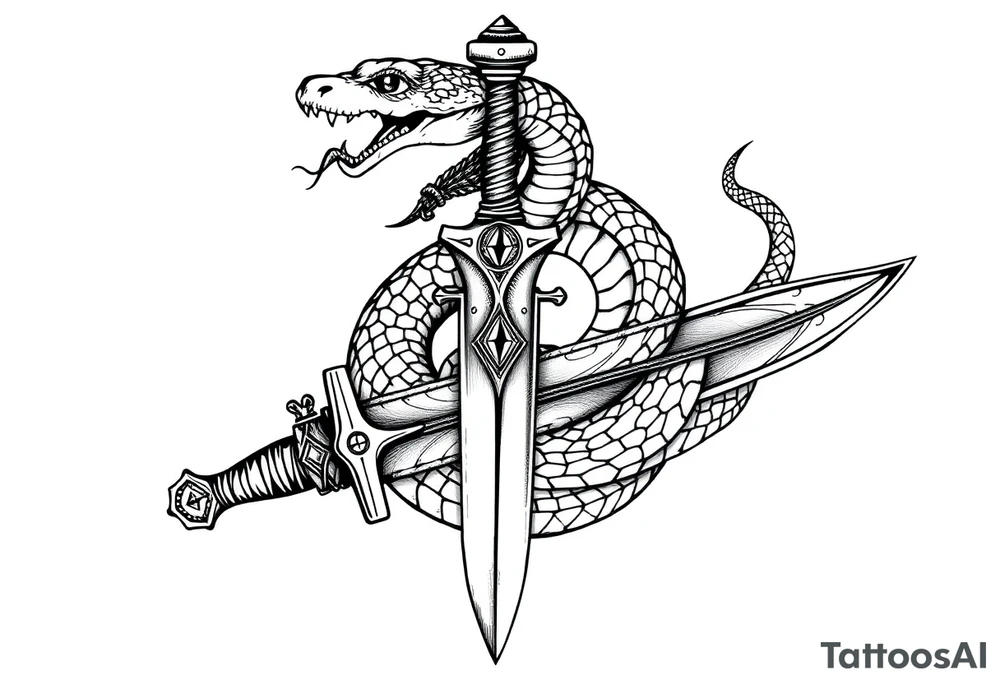 mystical snake coiled around an ancient dagger with jeweled hilt tattoo idea