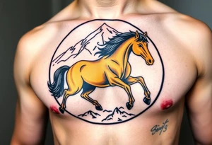 A golden mustang horse with black hair and legs in a circle where the mountain or nature is its contour to accompany the animal in full movement, running like a soul leading the devil. tattoo idea