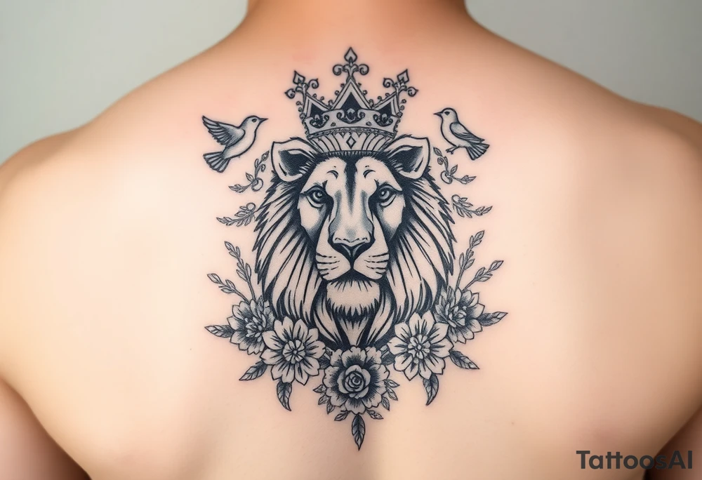 powerful majestic lion with a crown, surrounded by floral ornaments and birds tattoo idea