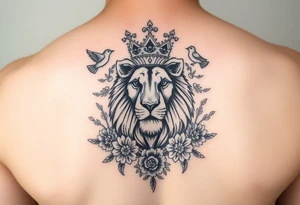 powerful majestic lion with a crown, surrounded by floral ornaments and birds tattoo idea