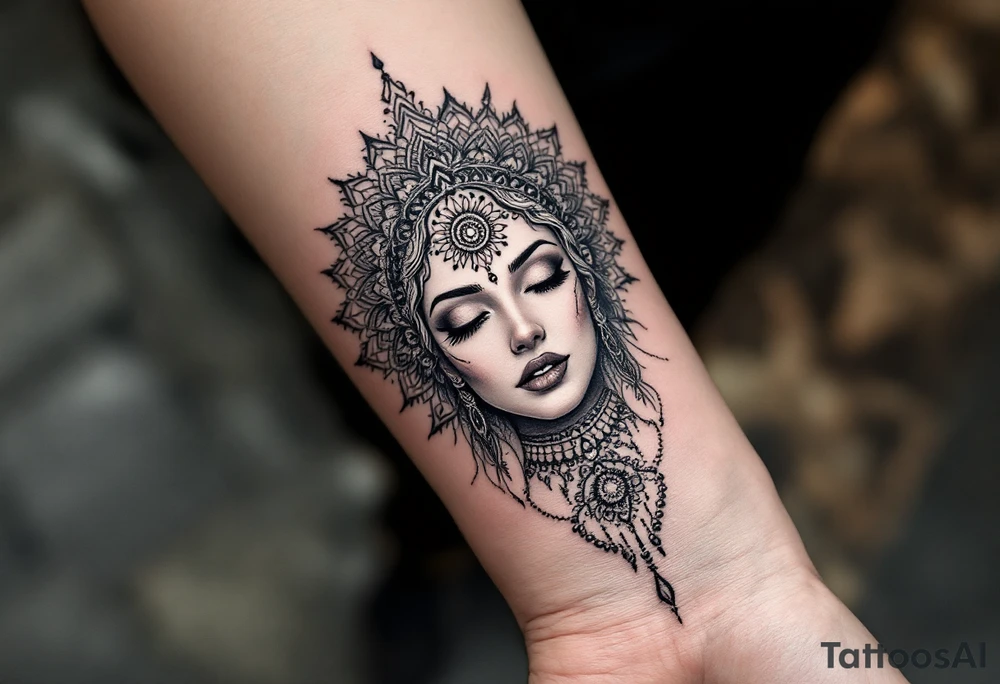 beautiful woman dmt deity with mandala behind head tattoo idea