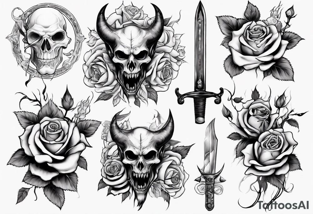 Demon with roses and sword tattoo idea