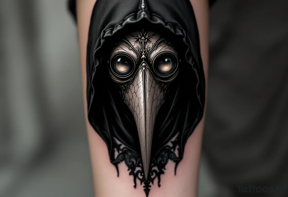 Dark Victorian Plague Doctor – A black-robed figure with a leather beaked mask and round glass eye lenses. The mask appears aged with cracks and faded brown leather tones, and the robe has intricate gothic stitching. tattoo idea