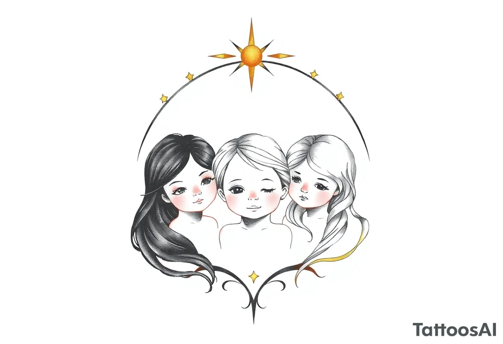 3 petites filles ( une cheveux noir et deux blondes)
sous un arc en ciel divin tattoo idea